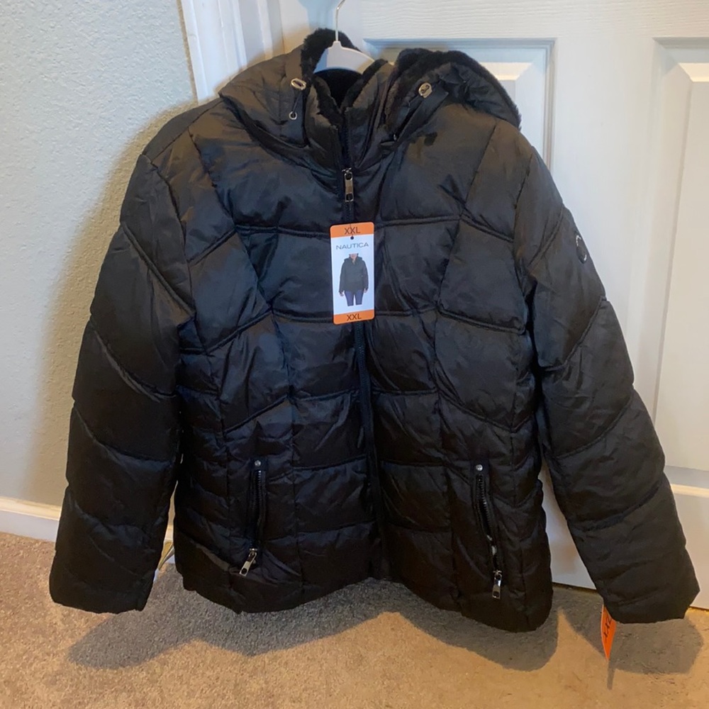Nautica black puffer jacket + Santa ornament